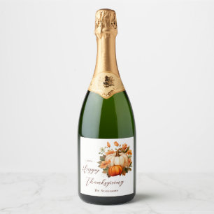 Étiquettes Pour Bouteilles De Vin Mousseux Dîner de Thanksgiving Citrouille Floral Script Bla