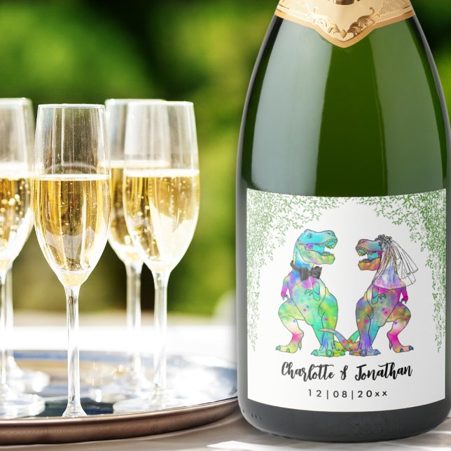 Étiquettes Pour Bouteilles De Vin Mousseux Dinosaur Thème Mariage (Colorful T-Rex bride and groom custom dinosaur wedding sparkling wine labels)
