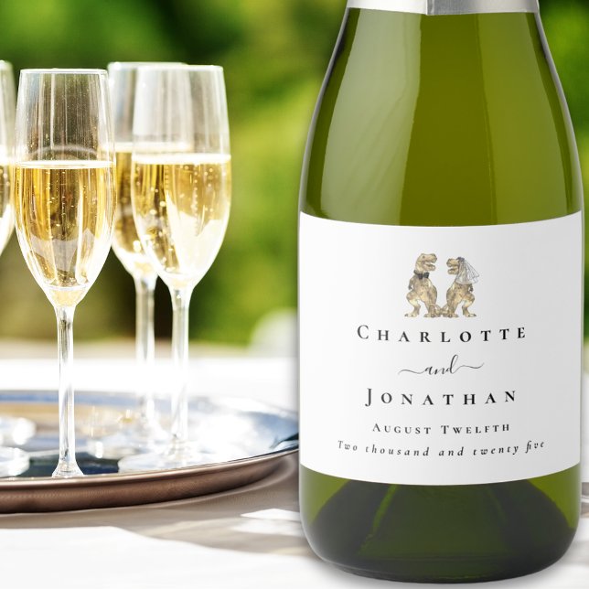 Étiquettes Pour Bouteilles De Vin Mousseux Dinosaur Thème Mariage (Dinosaur themed wedding T-Rex bride and groom custom sparkling wine labels)