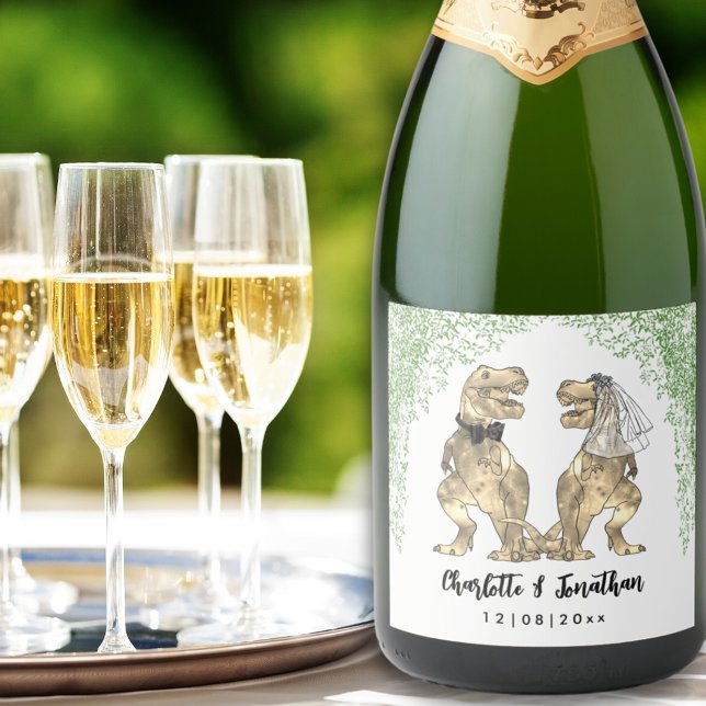 Étiquettes Pour Bouteilles De Vin Mousseux Dinosaur thème Mariage personnalisé (T-Rex Bride and Groom Dinosaur Wedding Custom sparkling wine labels)