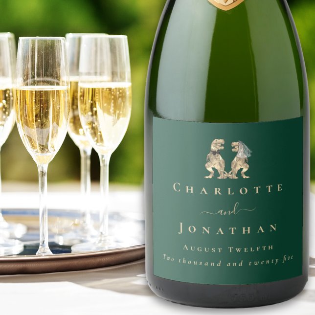 Étiquettes Pour Bouteilles De Vin Mousseux Dinosaur Thème Mariage Vert foncé (Dinosaur themed wedding T-Rex bride and groom dino dark green custom sparkling wine bottle label)