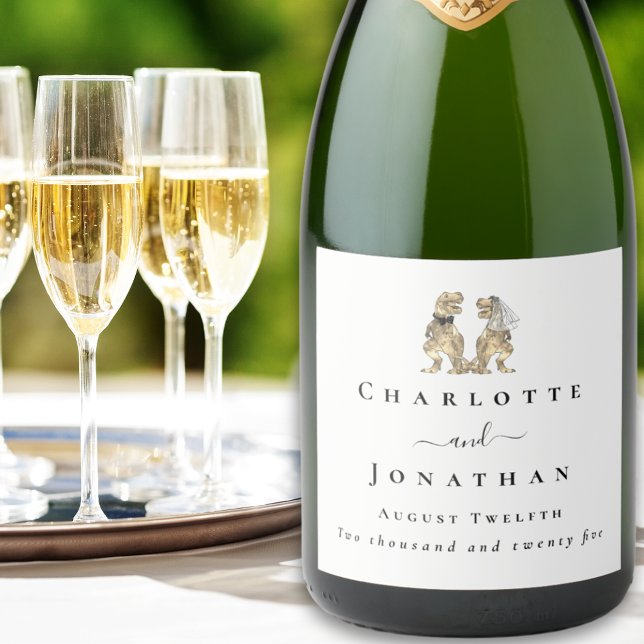 Étiquettes Pour Bouteilles De Vin Mousseux Dinosaur Theme Wedding Custom (Dinosaur themed wedding T-Rex bride and groom custom sparkling wine labels)