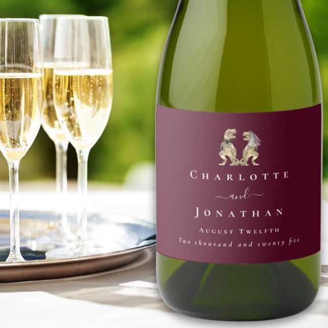 Étiquettes Pour Bouteilles De Vin Mousseux Dinosaure Mariage Bourgogne & Crème Personnalisé (Dinosaur themed wedding T-Rex bride and groom burgundy & cream personalized wine labels Modern )