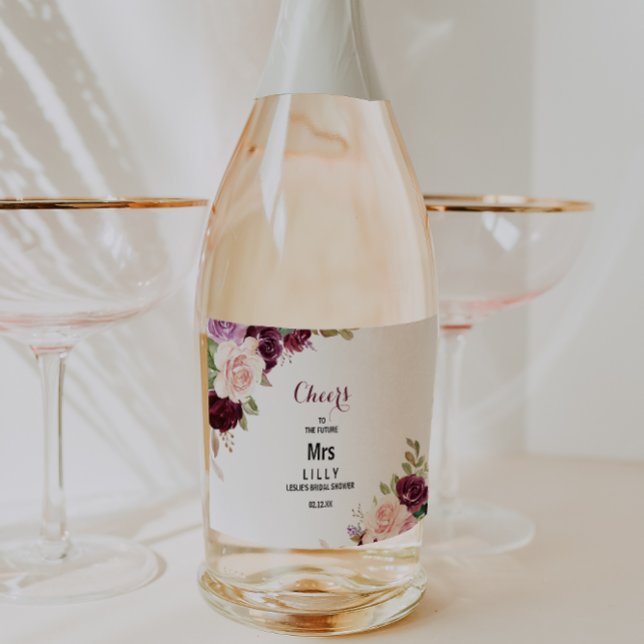 Étiquettes Pour Bouteilles De Vin Mousseux Douceur verte Mariage Burgundy Floral (Créateur téléchargé)