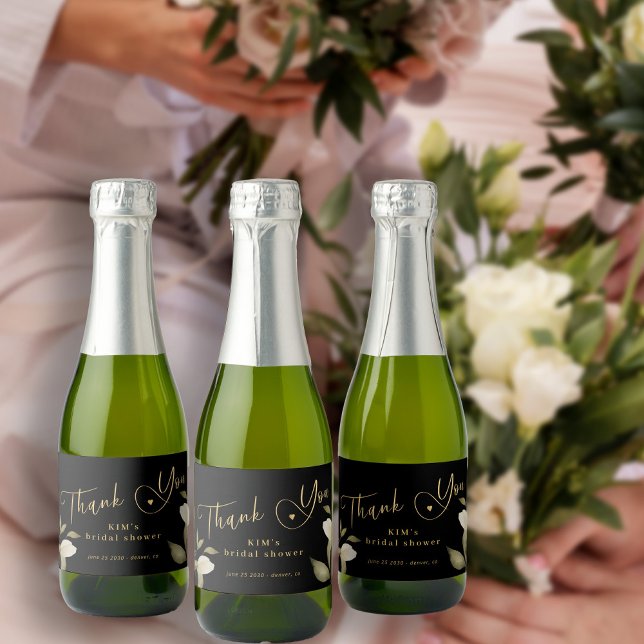 Étiquettes Pour Bouteilles De Vin Mousseux Douche nuptiale élégante or noir merci faveur (Créateur téléchargé)