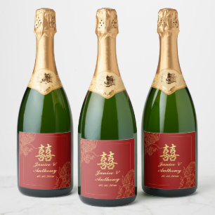 Étiquettes Pour Bouteilles De Vin Mousseux Dragon Phoenix traditionnel Mariage chinois rouge