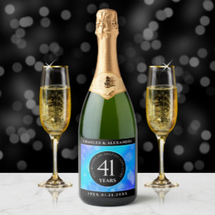 Étiquettes Pour Bouteilles De Vin Mousseux Élégant 41ème anniversaire Mariage de Topaz Bleu