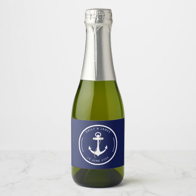 Étiquettes Pour Bouteilles De Vin Mousseux Elégant Ancre Marine et Mariage nautique blanc (Devant)