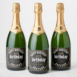 Étiquettes Pour Bouteilles De Vin Mousseux Elegant Black & Gold 40th Birthday Party