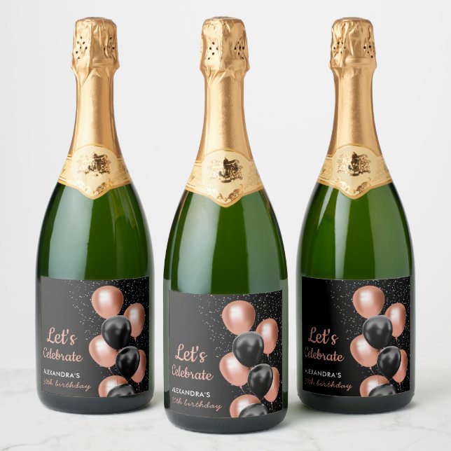 Étiquettes Pour Bouteilles De Vin Mousseux Elégant Black Rose Gold Balloon Chic Anniversaire (Bouteilles)