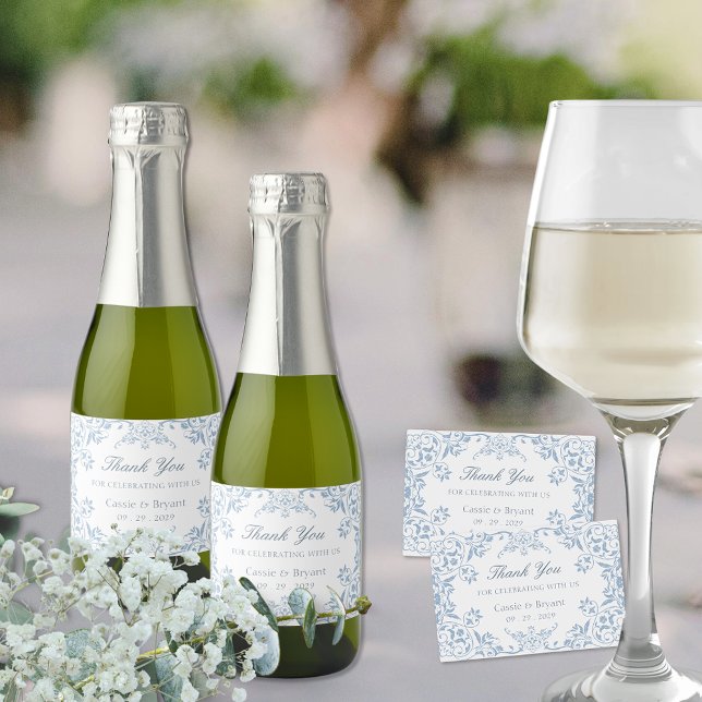 Étiquettes Pour Bouteilles De Vin Mousseux Elégant bleu blanc Chinoiserie Mariage Merci (elegant blue and white thank you labels for wedding wine or champagne bottles for vintage chic event)
