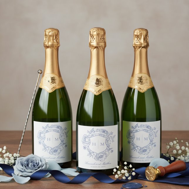 Étiquettes Pour Bouteilles De Vin Mousseux Elégant bleu Chinoiserie Bird Crest Mariage (Créateur téléchargé)