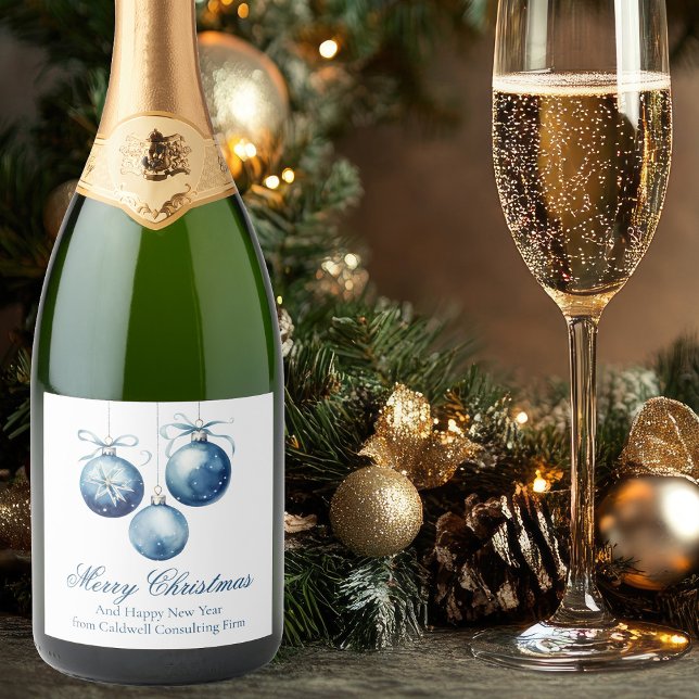 Étiquettes Pour Bouteilles De Vin Mousseux Elegant Blue Joyeux Noël Ornaming Company (Créateur téléchargé)