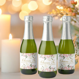 Étiquettes Pour Bouteilles De Vin Mousseux Elégant Blush Rose or Mariage Floral Cheers Mini