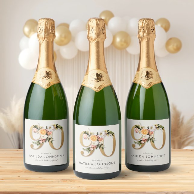 Étiquettes Pour Bouteilles De Vin Mousseux Elegant Boho Floral Gold Foil 90th Birthday (Elegant Boho Floral Gold Foil 90th Birthday Sparkling Wine Label)