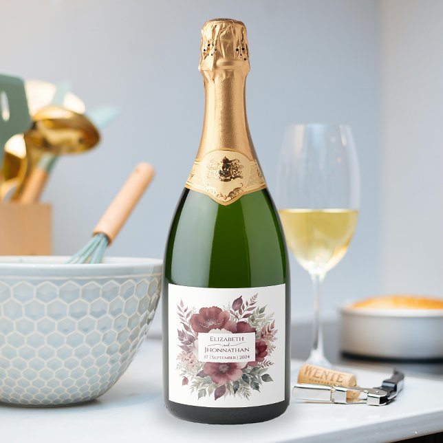 Étiquettes Pour Bouteilles De Vin Mousseux Elégant Bourgogne Floral Aquarelle Mariages (Créateur téléchargé)