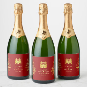Étiquettes Pour Bouteilles De Vin Mousseux Élégant double bonheur chinois mariage floral
