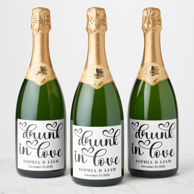 Étiquettes Pour Bouteilles De Vin Mousseux Elegant Drunk in Love Script Wedding (Bouteilles)