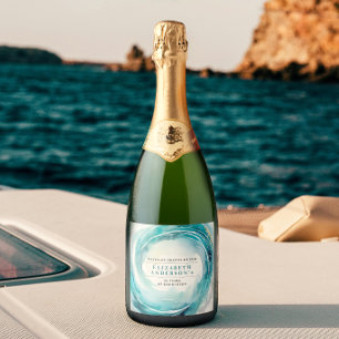 Étiquettes Pour Bouteilles De Vin Mousseux Élégant Élégant Vague de l'Océan Turquoise Côtière