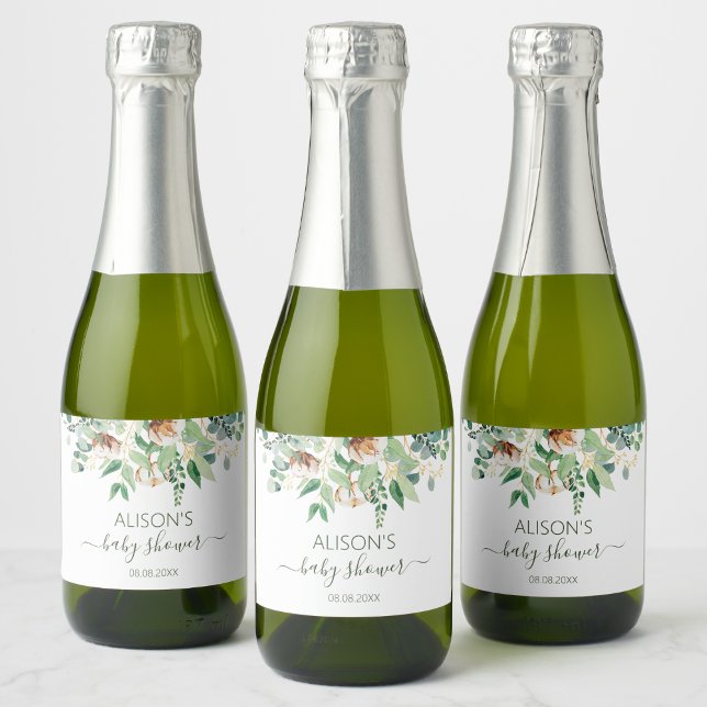 Étiquettes Pour Bouteilles De Vin Mousseux Elégant Eucalyptus Baby shower vert Mini (Créateur téléchargé)
