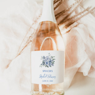 Étiquettes Pour Bouteilles De Vin Mousseux Elégant Floral Dusty Blue Fête des mariées Favoris