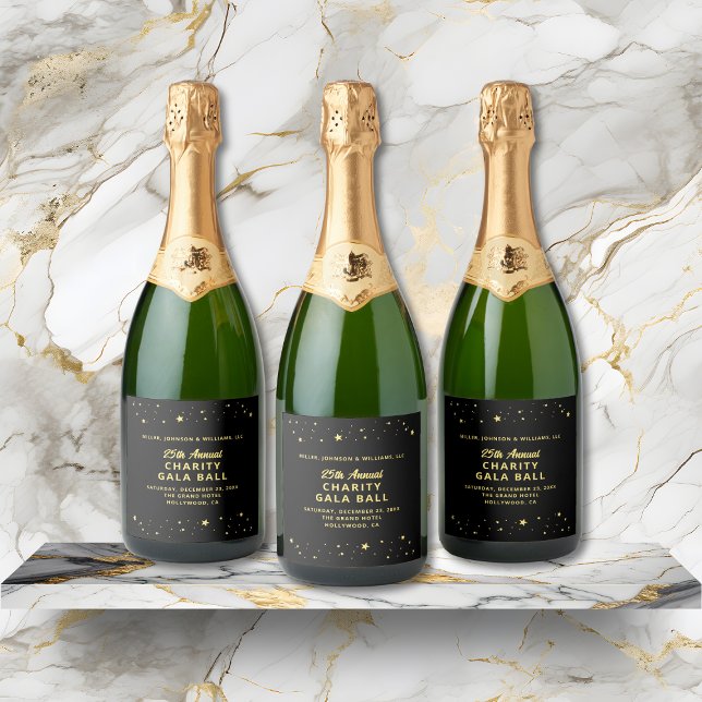 Étiquettes Pour Bouteilles De Vin Mousseux Élégant Gala de charité Événement Black Gold Stars (Elegant Charity Gala Event Black Gold Stars Sparkling Wine Label with Company and Event Details.)