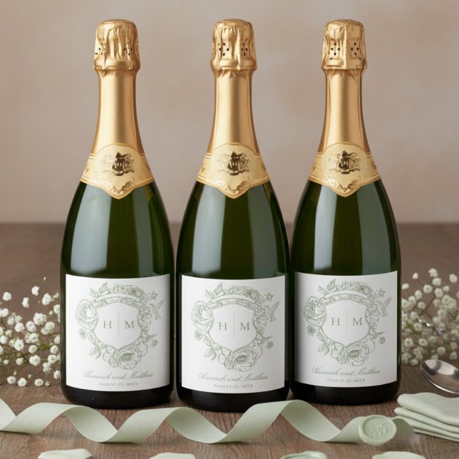 Étiquettes Pour Bouteilles De Vin Mousseux Élégant Green Chinoiserie Bird Crest Mariage (Créateur téléchargé)