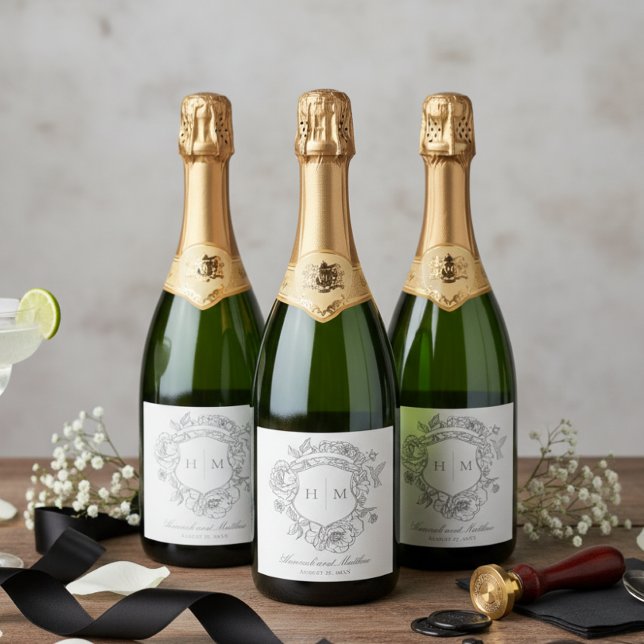 Étiquettes Pour Bouteilles De Vin Mousseux Elégant Gris Chinoiserie Bird Crest Mariage (Créateur téléchargé)
