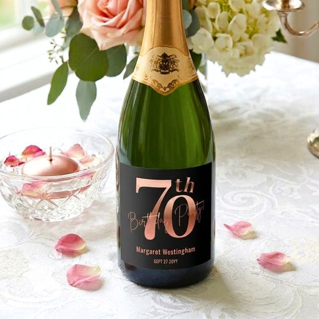 Étiquettes Pour Bouteilles De Vin Mousseux Élégant Luxueux Chic Rose Or 70e Anniversaire (Créateur téléchargé)