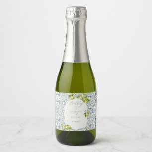 Étiquettes Pour Bouteilles De Vin Mousseux Élégant Mariage citron en carrelage bleu italien