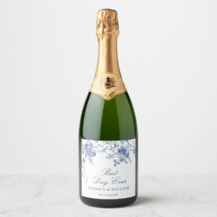 Étiquettes Pour Bouteilles De Vin Mousseux Élégant Mariage de Floral Bleu Victorien Français
