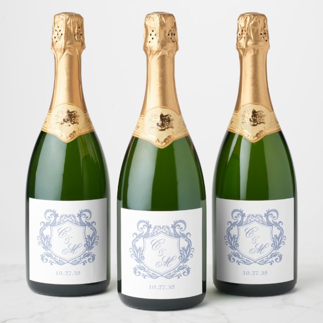 Étiquettes Pour Bouteilles De Vin Mousseux Élégant Mariage de Monogram Blue Dusty (Bouteilles)