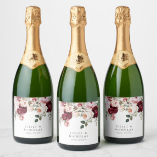 Étiquettes Pour Bouteilles De Vin Mousseux Elégant Mariage floral Bourgogne et bleu