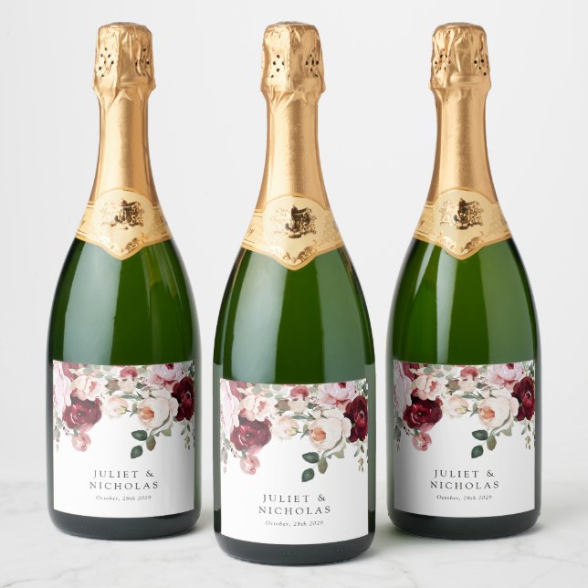 Étiquettes Pour Bouteilles De Vin Mousseux Elégant Mariage floral Bourgogne et bleu (Bouteilles)