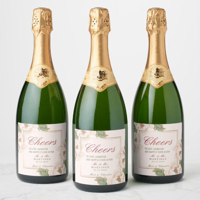 Étiquettes Pour Bouteilles De Vin Mousseux Élégant Mariage floral de pivoine rose (Bouteilles)