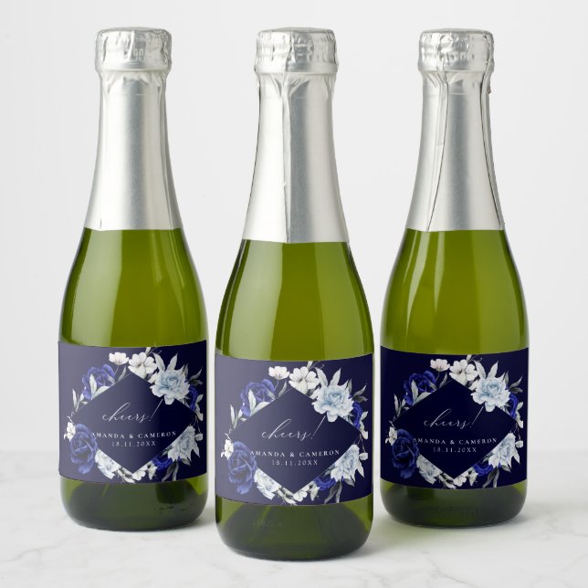 Étiquettes Pour Bouteilles De Vin Mousseux Elégant Mariage floral Dusty Blue Navy (Bouteilles)