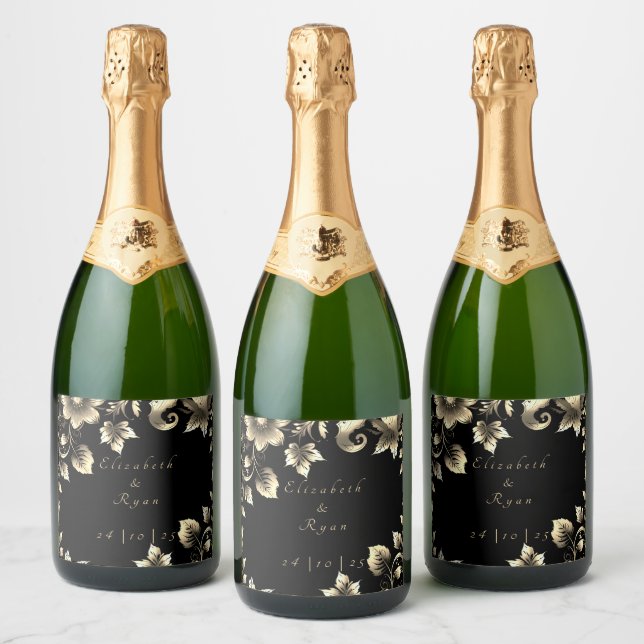 Étiquettes Pour Bouteilles De Vin Mousseux Élégant Mariage floral noir et or (Bouteilles)