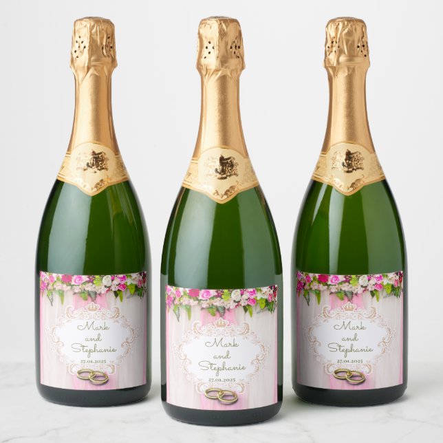 Étiquettes Pour Bouteilles De Vin Mousseux Élégant Mariage floral rose vif (Bouteilles)