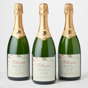 Étiquettes Pour Bouteilles De Vin Mousseux Élégant Mariage floral Sage vert et rose Peony