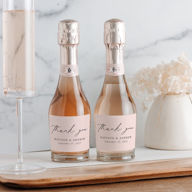 Étiquettes Pour Bouteilles De Vin Mousseux Élégant Mariage moderne de Merci de script Blush (Créateur téléchargé)