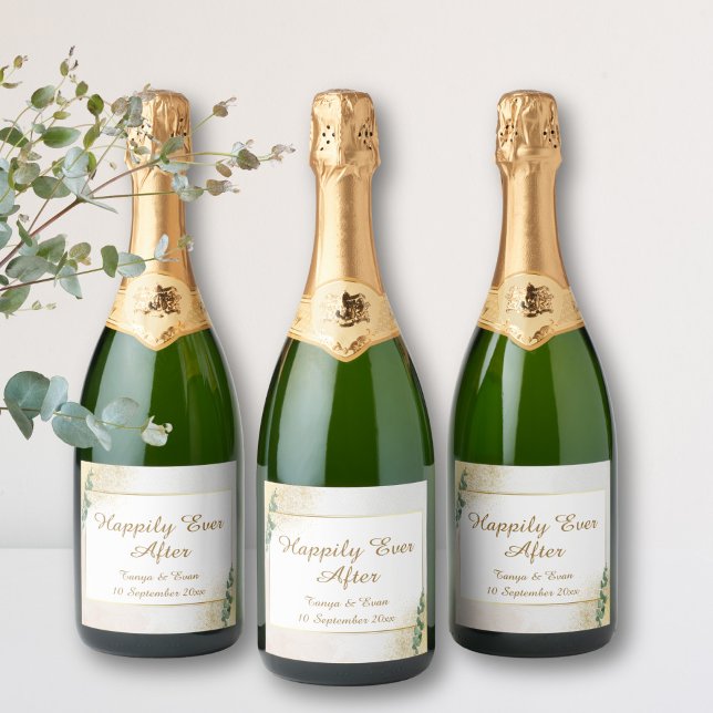 Étiquettes Pour Bouteilles De Vin Mousseux Elegant Mariage photo Vert & Or (Elegant Green & Gold Wedding Sparkling Wine Label)