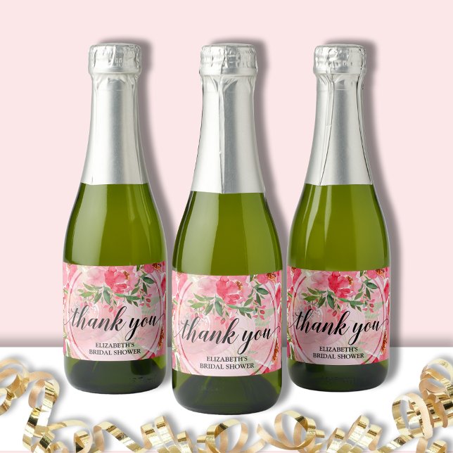 Étiquettes Pour Bouteilles De Vin Mousseux Élégant Mini Floral Rose pour Baby Shower (Pink peonies floral bridal shower mini champagne bottle labels)