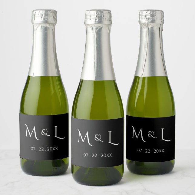 Étiquettes Pour Bouteilles De Vin Mousseux Élégant Monogramme & Date Mariage Noir Blanc  (Bouteilles)