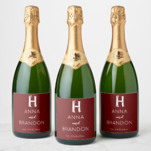 Étiquettes Pour Bouteilles De Vin Mousseux Élégant Monogramme Mariage Bourgogne Rouge