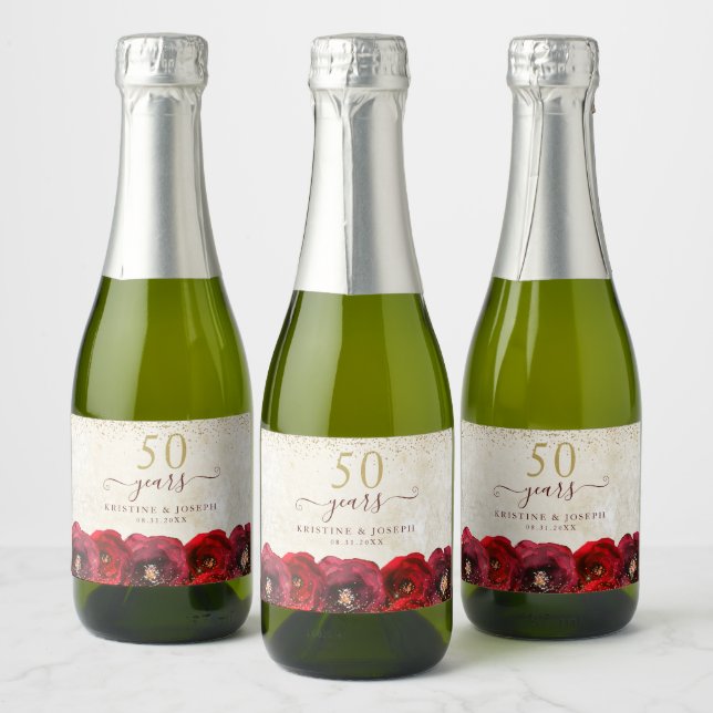 Étiquettes Pour Bouteilles De Vin Mousseux Elegant Red Rose Floral Gold 50th Anniversary (Bouteilles)