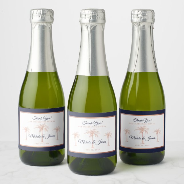 Étiquettes Pour Bouteilles De Vin Mousseux Elégant Rose bleu marine Gold Palm Tree Mariage (Bouteilles)