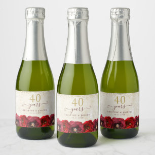 Étiquettes Pour Bouteilles De Vin Mousseux Élégant Rose Rouge Floral Or 40e Anniversaire