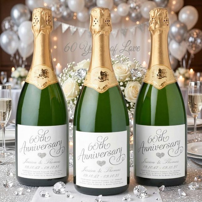 Étiquettes Pour Bouteilles De Vin Mousseux Elegant Script 60th Diamond Wedding Anniversary (Créateur téléchargé)