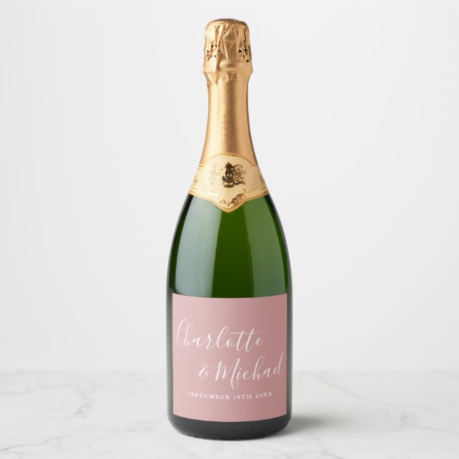 Étiquettes Pour Bouteilles De Vin Mousseux Élégant script de signature Dusty Rose Mariage (Devant)
