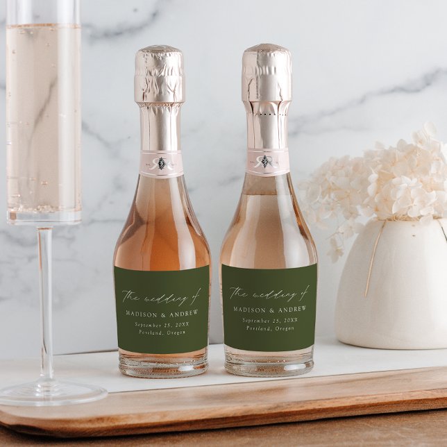 Étiquettes Pour Bouteilles De Vin Mousseux Élégant script moderne Mariage vert olive (Créateur téléchargé)